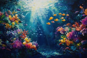 Vibrant underwater scene with colorful coral reefs and diverse fish species swimming in sunlit ocean depths.