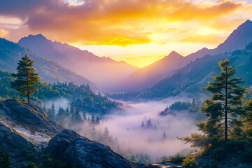 Obraz premium A view of a mountain range with trees in the foreground and a sunset in the background
