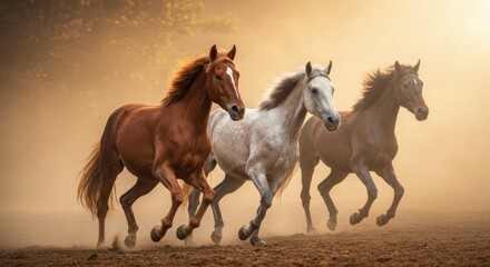 Obraz premium Photo of three horses galloping together, with the chestnut horse in the foreground, white horse in the middle, and dark gray horse in the background