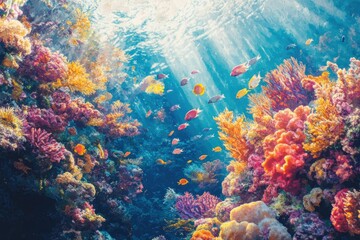 Obraz premium Vibrant coral reef teeming with colorful fish, bathed in sunlight, showcasing underwater biodiversity.