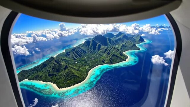 Aerial view of tropical island from airplane window in bright sky