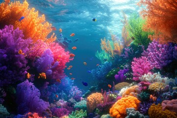 Fototapeta premium Vibrant coral reef teeming with colorful fish and diverse marine life, a breathtaking underwater scene.