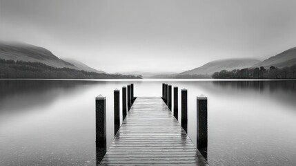 Fototapeta premium Black And White Wooden Pier Lake Mountain