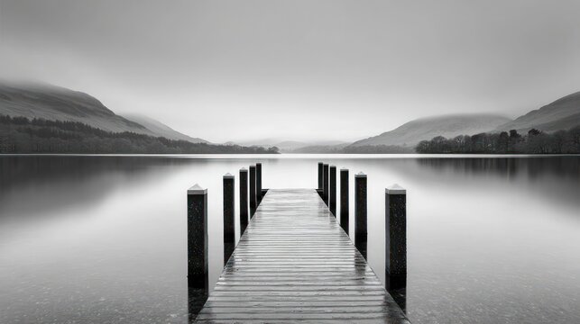 Black And White Wooden Pier Lake Mountain