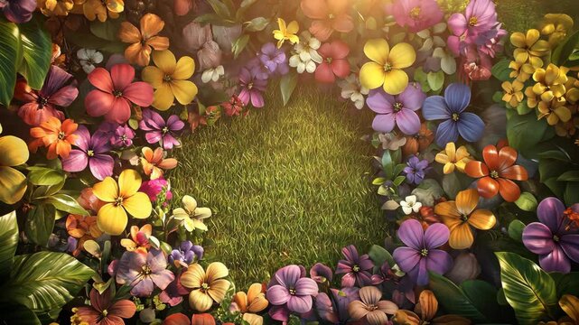 Vibrant flowers surround a lush green patch in a tranquil garden setting during golden hour lighting