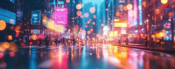 Vibrant rainy night street scene new york city urban photography neon lights low angle city life concept