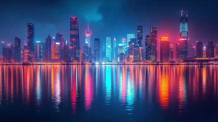 Fototapeta premium Vibrant night skyline urban city photography reflective water aesthetic view modern architecture