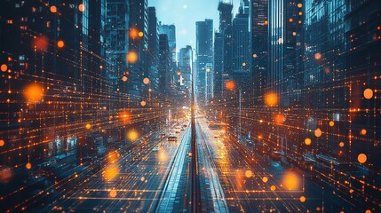 Fototapeta premium Dynamic city lights at night urban landscape digital art futuristic environment aerial viewpoint