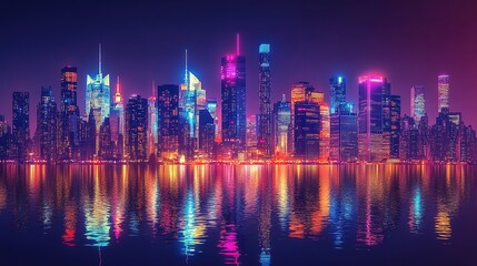 Fototapeta premium Vibrant night cityscape urban skyline digital artwork reflective water aesthetic viewpoint modern concept