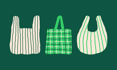 Grocery tote bag. Reusable supermarket bags. Sustainable shopping. Simple naive illustration