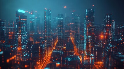Obraz premium Futuristic cityscape illuminated by neon lights urban environment digital art aerial view technology concept