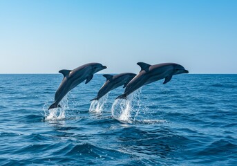 Fototapeta premium Photograph of three dolphins jumping out of the water in a blue ocean with white waves, clear sky, and bright sunlight.