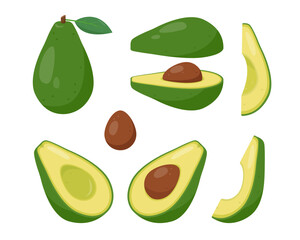 Avocado icons. Whole, half and slices of green fruit avocado. Tropical avocadoes plant icon. Organic healthy vegetarian food. Vector illustration isolated on white background.