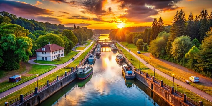 Panoramic View of Kleinmachnow Lock, Berlin Canal, Germany - Stunning Landscape Photography
