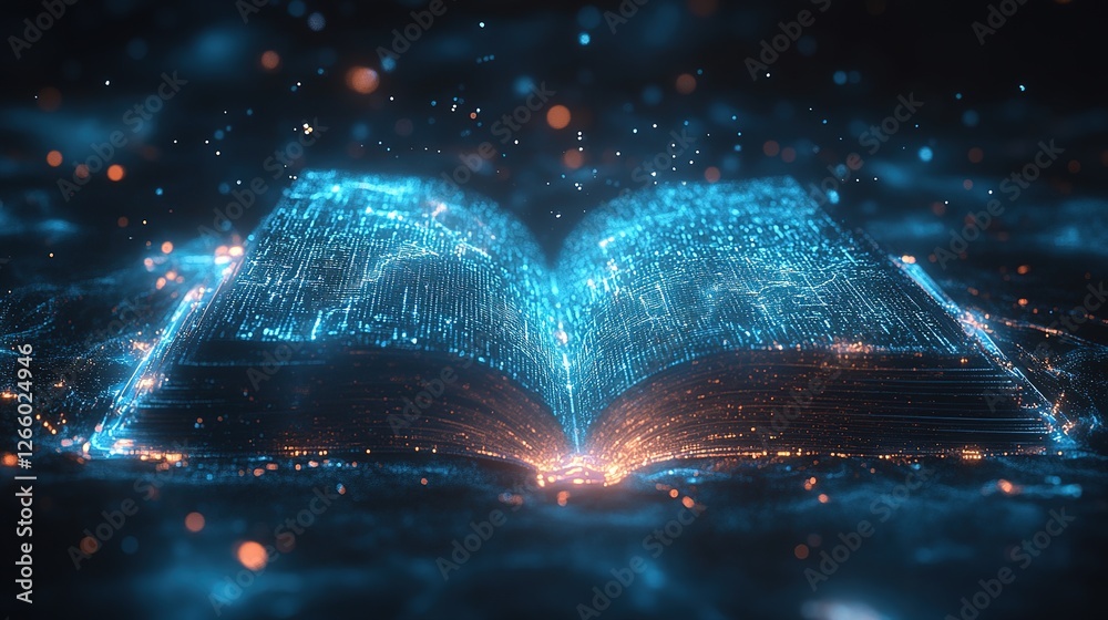 Poster exploring digital transformation through an open book virtual space 3d art futuristic environment cl