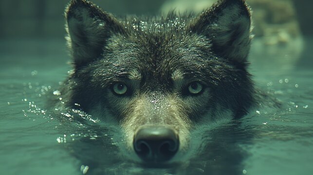Wolf swims in pond, looking at the camera; other wolves are present. Stock image