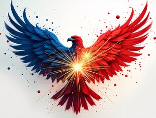 An Eagle of red, white, and blue forming an abstract American flag with golden sparks representing fireworks, energy waves symbolizing unity. 4th July American Independence Day Concept.