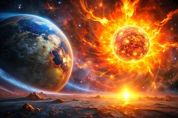 Panoramic View of Planet Devastation: Fiery Solar Explosion Engulfs World