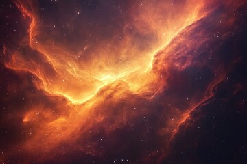 Obraz premium Fiery nebula in deep space, cosmic clouds of gas and dust illuminate the darkness with vibrant orange and red hues.