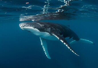 Fototapeta premium Photograph of a humpback whale swimming underwater, with its head above the water, mouth slightly open, and displaying its baleen, against a deep blue ocean backdrop.