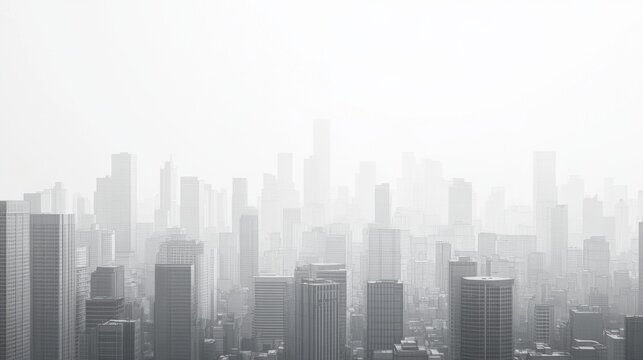 Foggy city skyline, urban landscape, hazy day, aerial view, for environmental reports