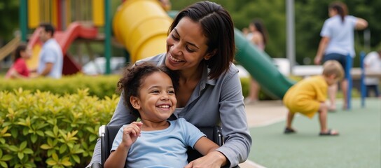 Fototapeta premium A candid photo captures a loving moment between a Black African American mother and her disabled child on a playground bench