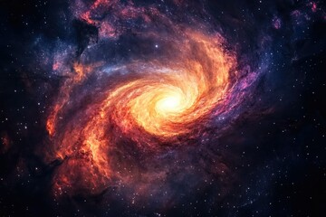 A vibrant spiral galaxy swirls in a cosmic dance of fiery orange and deep purple hues, speckled with distant stars.