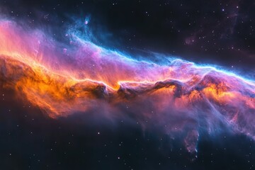 Fototapeta premium A vibrant nebula in space, showcasing swirling colors of orange, purple, and blue against a backdrop of stars.