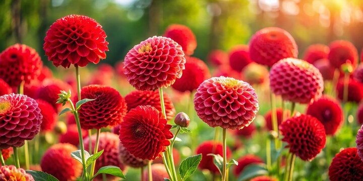 Panoramic View of Vibrant Red Dahlia Hapet Granet Flowers in Full Bloom