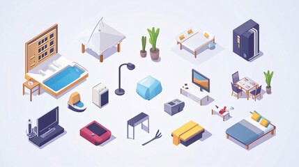 Hotel Isometric Icon Set: Check-In and Stay at Hotel