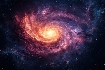 Obraz premium A mesmerizing spiral galaxy, vibrant with fiery orange and purple hues, swirling amidst a star-studded expanse.