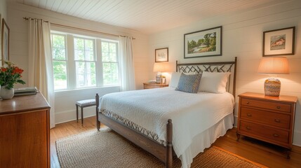 Fototapeta premium A bright Nordic-style bedroom with white walls, wooden furniture, and soft neutral bedding.