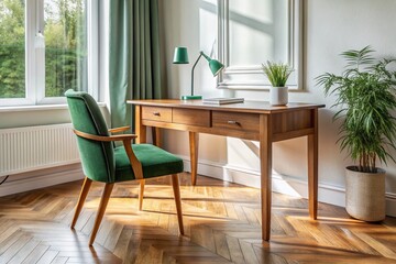 Fototapeta premium Panoramic View: Rustic Wooden Desk & Green Velvet Chair Home Office Setup