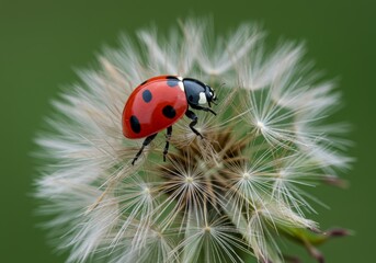 Obraz premium A close-up photograph of a vibrant red ladybug perched on a delicate dandelion seed head, with its black spots clearly visible, against a blurred background