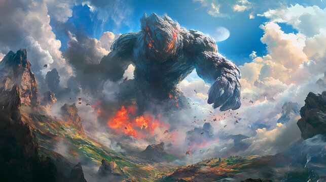 A colossal figure emerges from the earth, its massive form breaking through the ground, surrounded by mythical terrain and vibrant digital art details. Colossus Awakening. Illustration