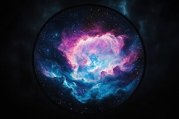 A vibrant nebula, swirling cosmic clouds of pink and blue hues, speckled with countless stars in the vast expanse of space.