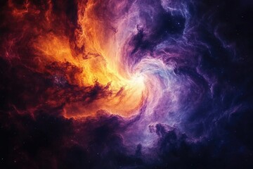 A swirling cosmic nebula, vibrant hues of orange and purple blend in a celestial dance.