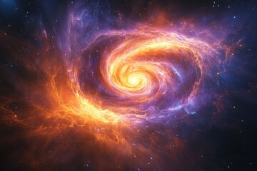 A fiery cosmic swirl, a nebula's vibrant heart ablaze in swirling orange and purple hues.