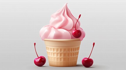 Waffle Cone Ice Cream with Cherries Isolated on White Background