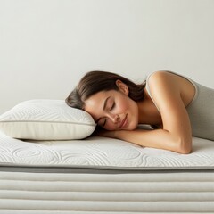 Obraz premium Woman Relaxing Comfortably on Soft Mattress with Pillow Support