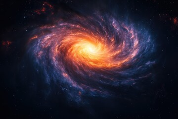 A mesmerizing spiral galaxy with vibrant orange and blue hues, swirling cosmic dust and stars.