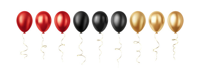 Set of Realistic 3D Red Gold Black Party Event Balloons Isolated on White Background