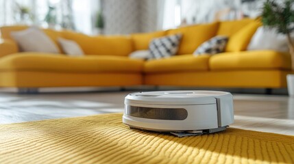 A close-up of a cleaning robot sweeping a floor.