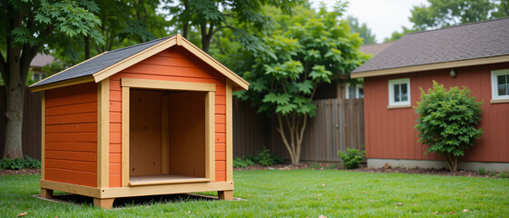 Pet adoption fair featuring an empty orange doghouse in a lush green backyard, surrounded by trees and a cozy home, conveying a sense of optimism and readiness for new pets