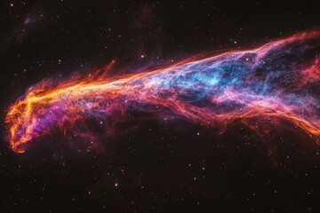 A vibrant nebula stretches across the cosmos, a cosmic river of fiery orange, pink, and blue hues, amidst a backdrop of countless stars.