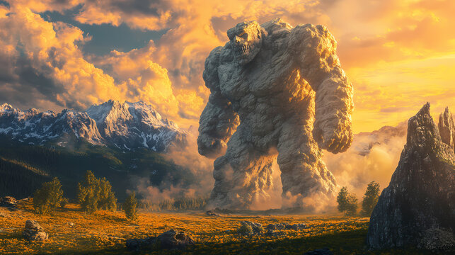 The colossus awakening: a mountain range comes to life as an ancient stone titan rises, dwarfing the landscape. Colossus Awakening. Illustration