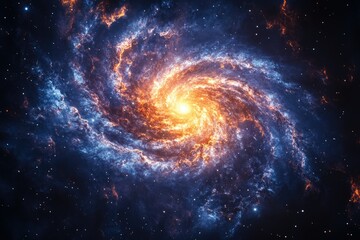 Fototapeta premium A vibrant spiral galaxy swirls with fiery orange and cool blue hues, showcasing cosmic beauty and stellar activity.