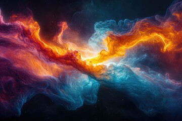 Fototapeta premium Abstract cosmic artwork depicting a vibrant collision of fiery orange and cool blue nebulae in space.