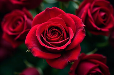 Naklejka premium Bush large red roses, blooming flower outside in garden, close-up. AI Generative