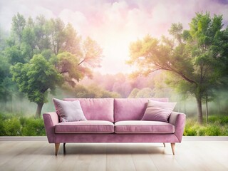 Fototapeta premium Pastel Pink Modern Sofa: Elegant Minimalist Living Room Furniture